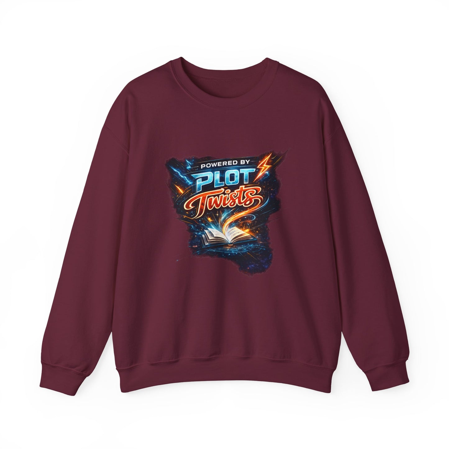 "Powered by Plot Twists" Crewneck Sweatshirt — Literary Reader & Writer Gift