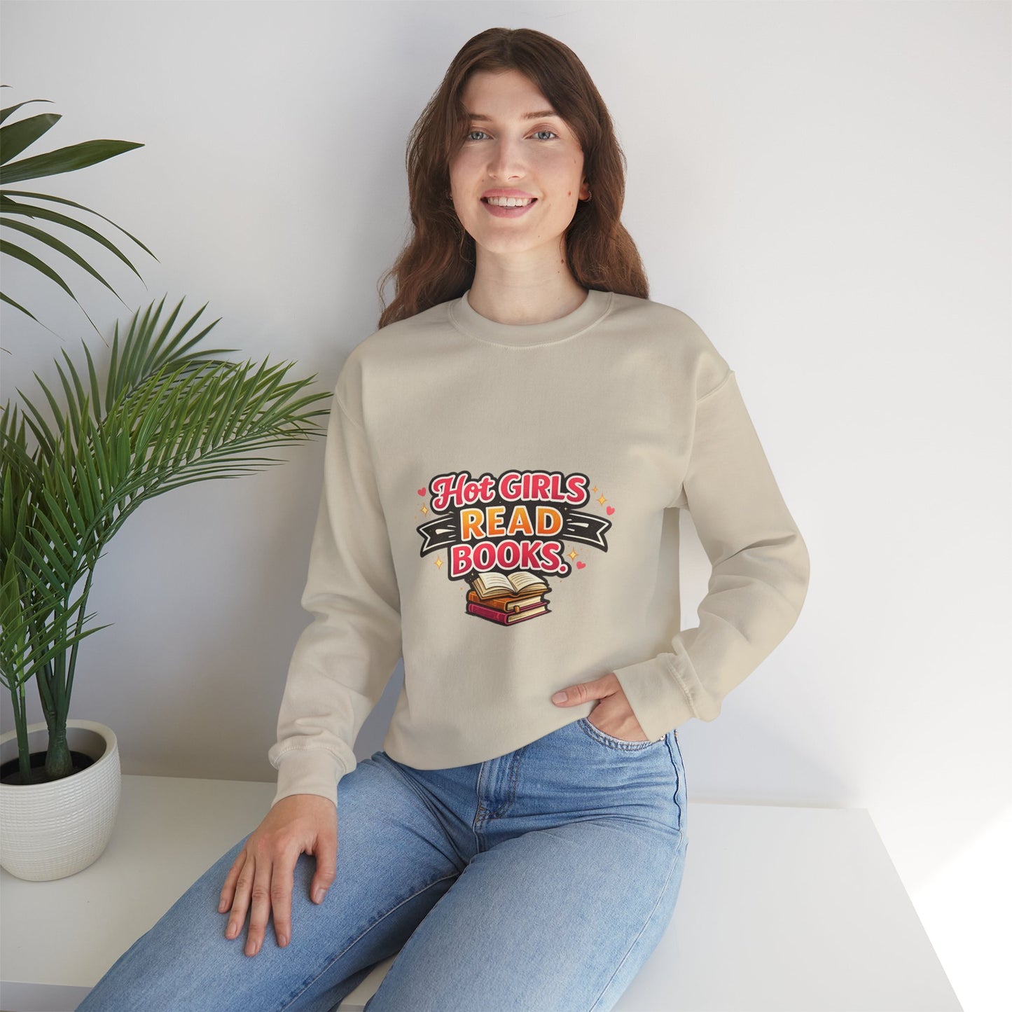 "Hot Girls Read Books" Crewneck Sweatshirt - Cozy Graphic Pullover for Book Lovers