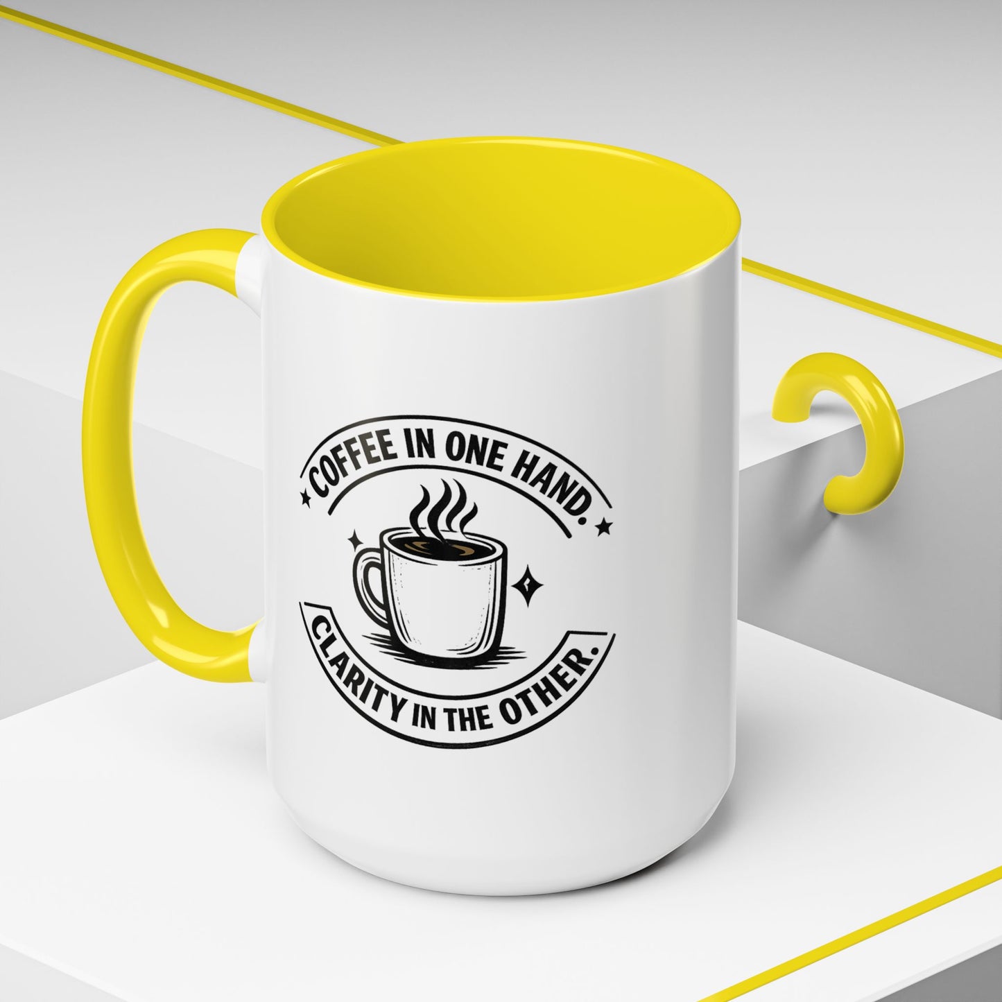 "Coffee in One Hand. Clarity in the Other" Black Accent Coffee Mug — Vintage Badge Coffee Lover Gift (11/15oz)