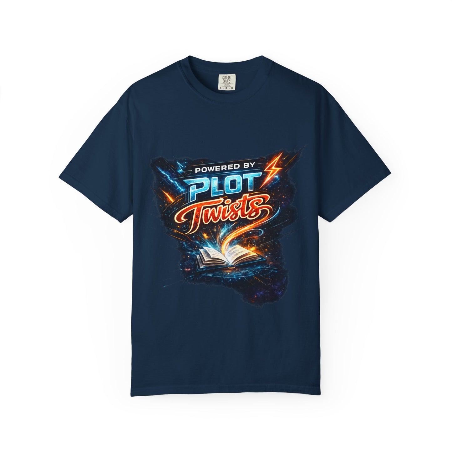 "Powered by Plot Twists" T-Shirt — Graphic Book Lover Tee