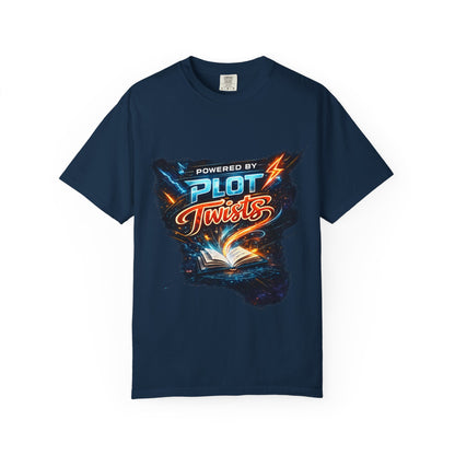 "Powered by Plot Twists" T-Shirt — Graphic Book Lover Tee