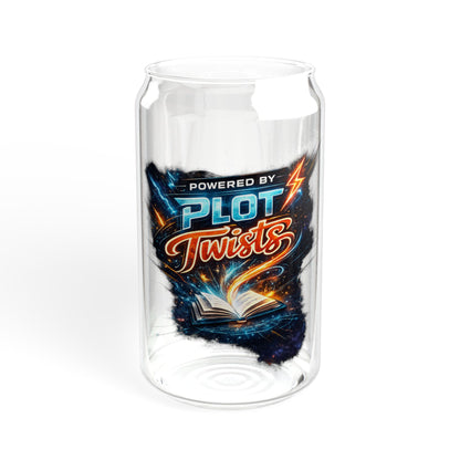 Sipper Glass - "Powered by Plot Twists" Novelty 16oz Mason-Style Drinking Jar