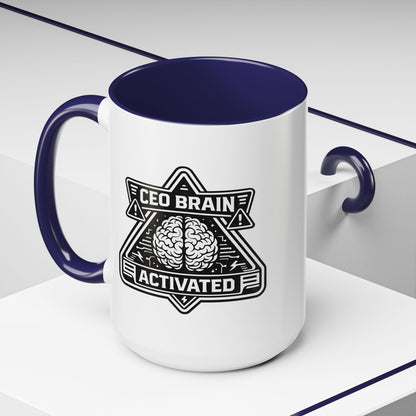 "CEO Brain Activated" Adventure Crew Coffee Mug — Retro Badge Accent 11/15oz