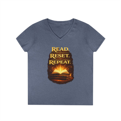 "Read Reset Repeat" V-Neck T-Shirt — Inspirational Book Lover Tee