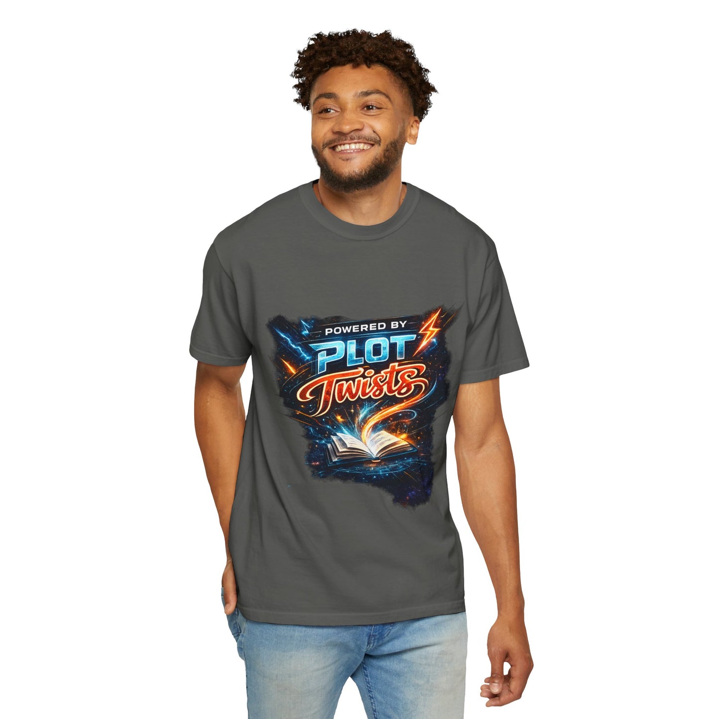 "Powered by Plot Twists" T-Shirt — Graphic Book Lover Tee