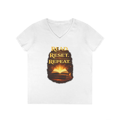 "Read Reset Repeat" V-Neck T-Shirt — Inspirational Book Lover Tee
