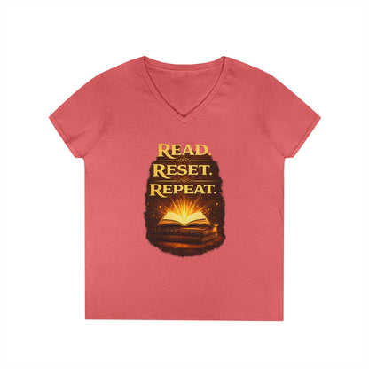 "Read Reset Repeat" V-Neck T-Shirt — Inspirational Book Lover Tee