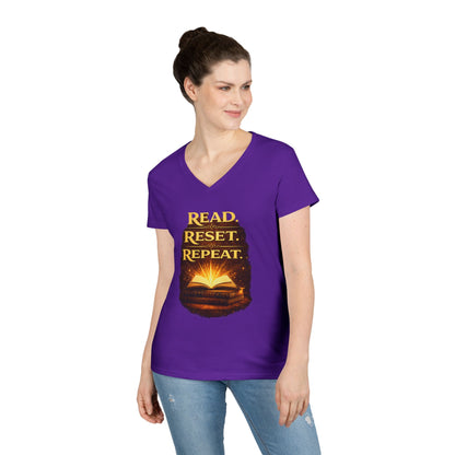 "Read Reset Repeat" V-Neck T-Shirt — Inspirational Book Lover Tee