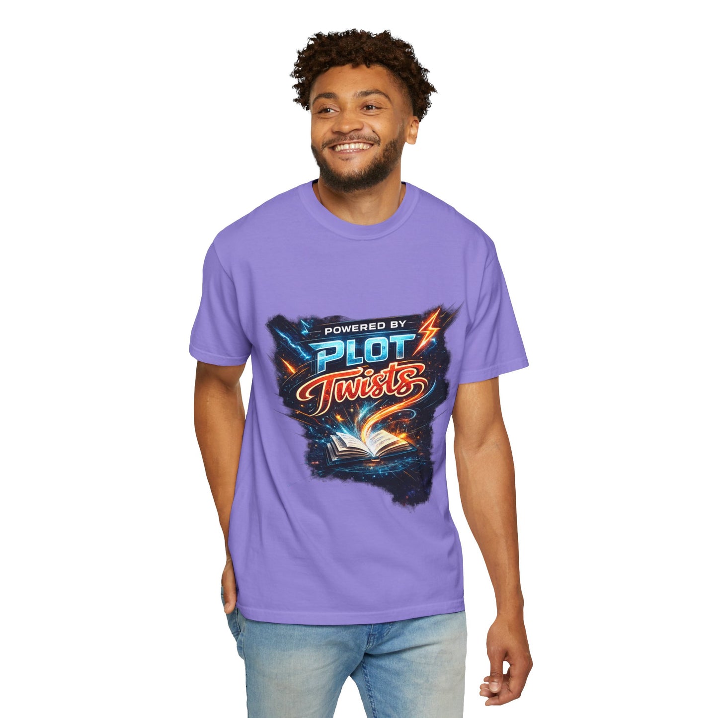 "Powered by Plot Twists" T-Shirt — Graphic Book Lover Tee