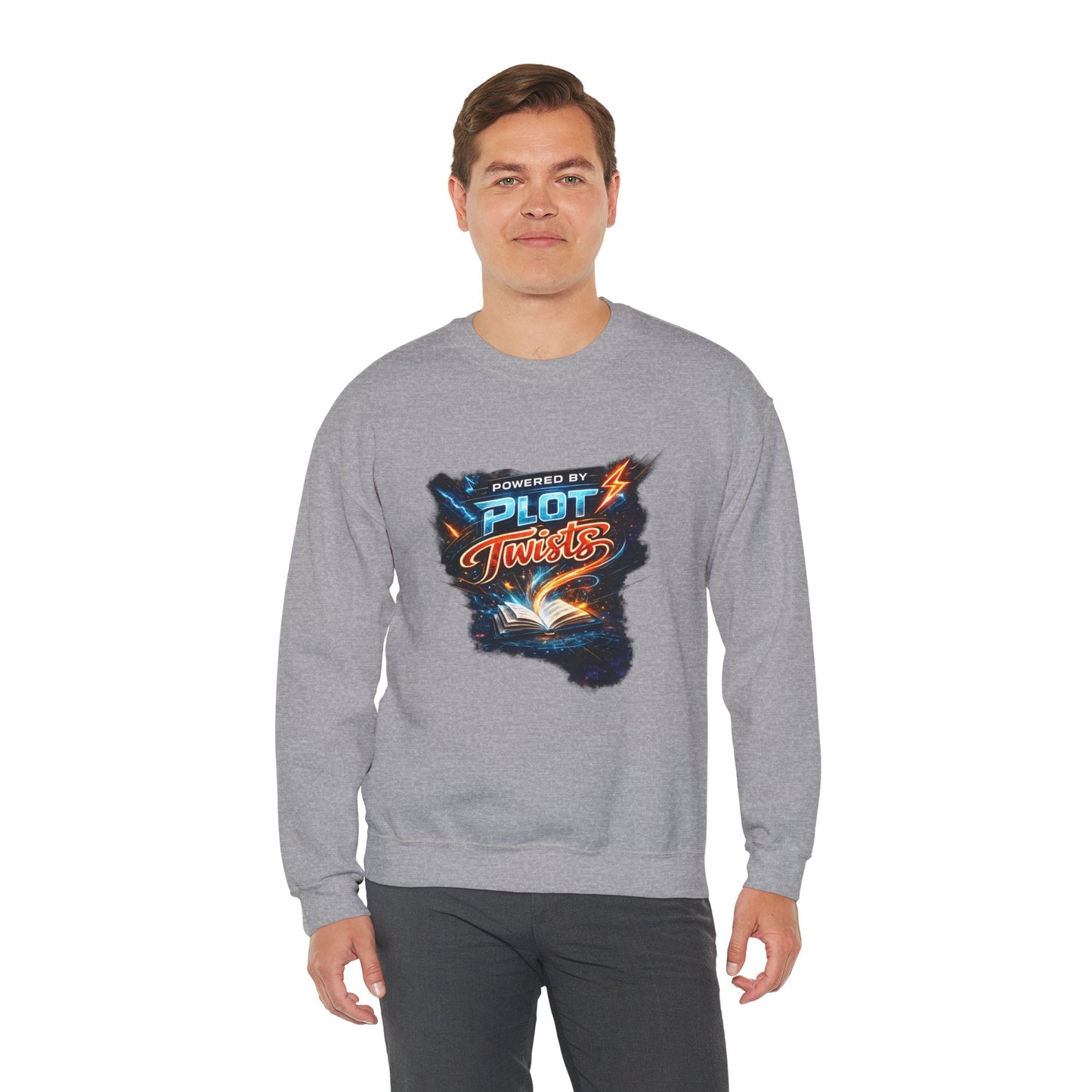 "Powered by Plot Twists" Crewneck Sweatshirt — Literary Reader & Writer Gift