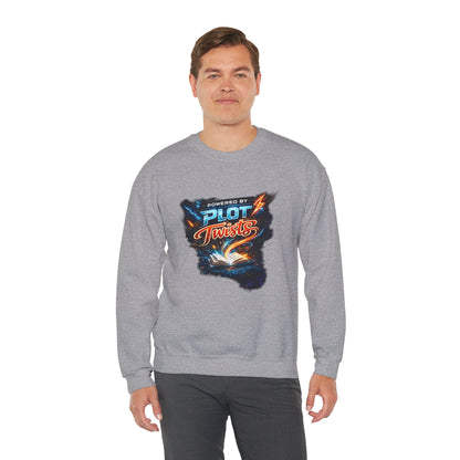 "Powered by Plot Twists" Crewneck Sweatshirt — Literary Reader & Writer Gift