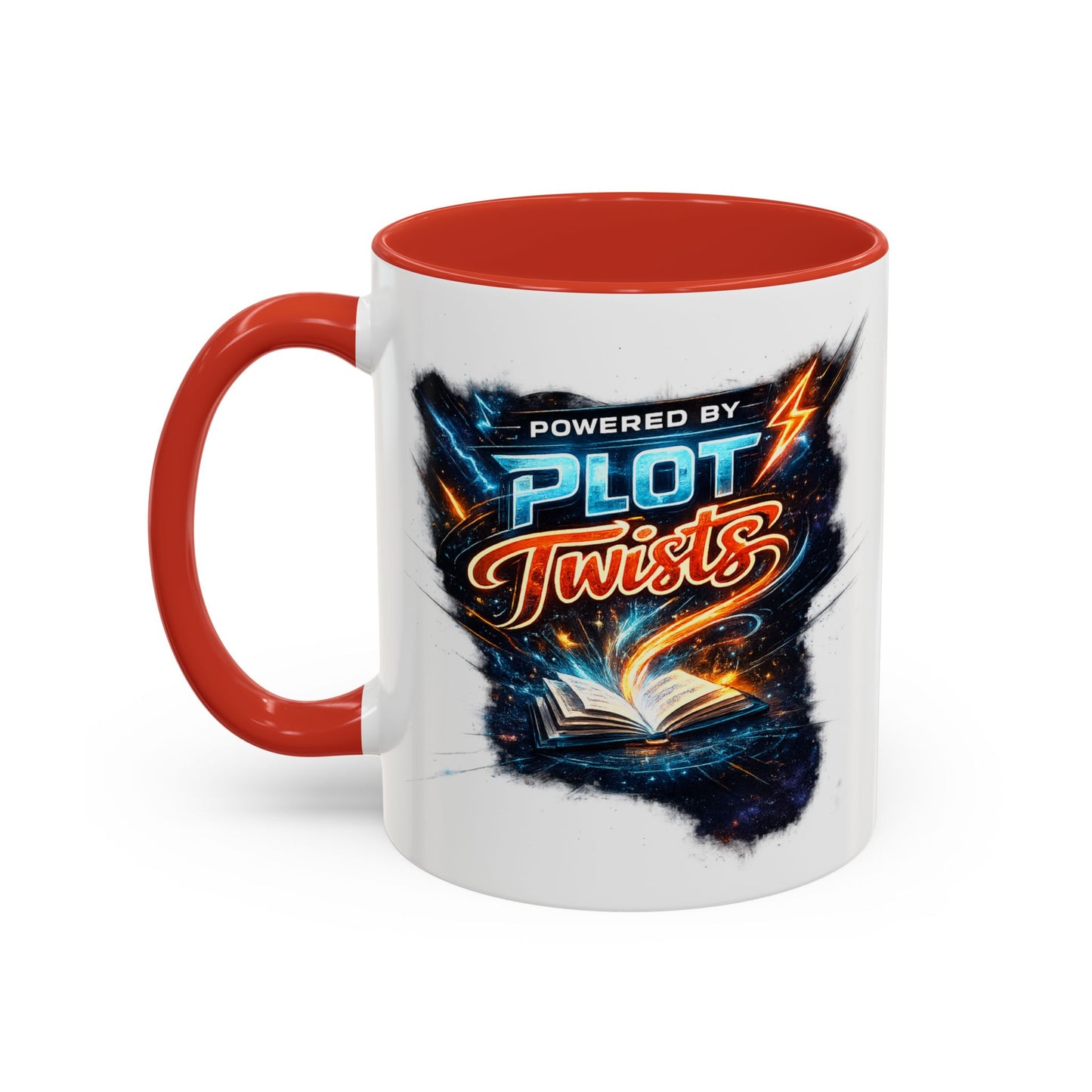Powered by Plot Twists; Black Accent Coffee Mug with Neon Lightning Skull Design