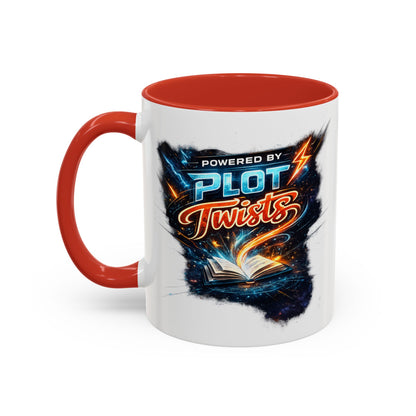 Powered by Plot Twists; Black Accent Coffee Mug with Neon Lightning Skull Design
