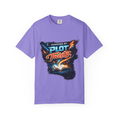 "Powered by Plot Twists" T-Shirt — Graphic Book Lover Tee