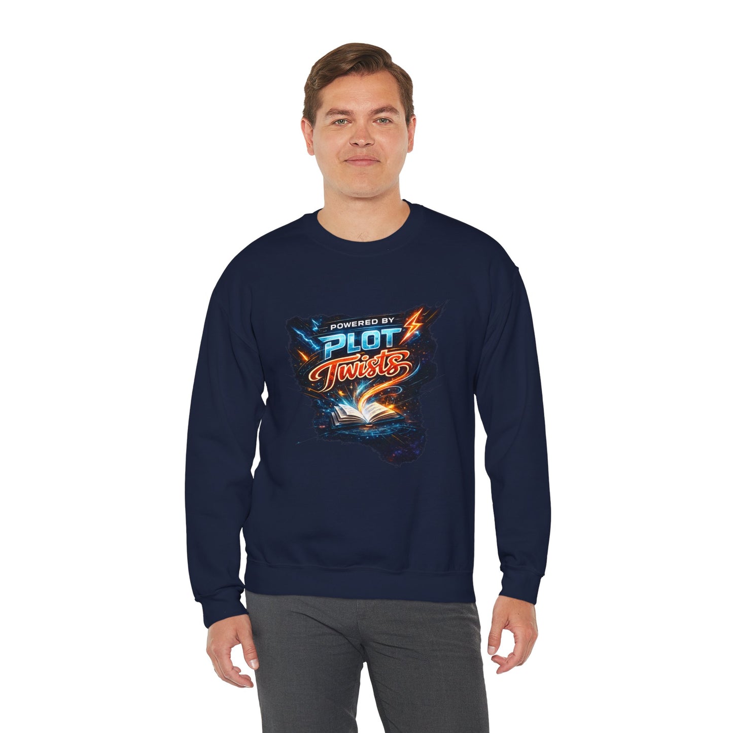 "Powered by Plot Twists" Crewneck Sweatshirt — Literary Reader & Writer Gift