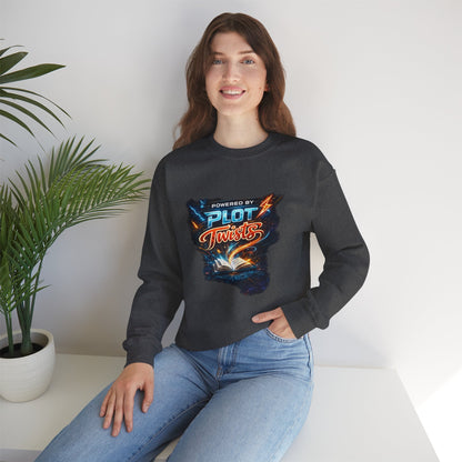 "Powered by Plot Twists" Crewneck Sweatshirt — Literary Reader & Writer Gift