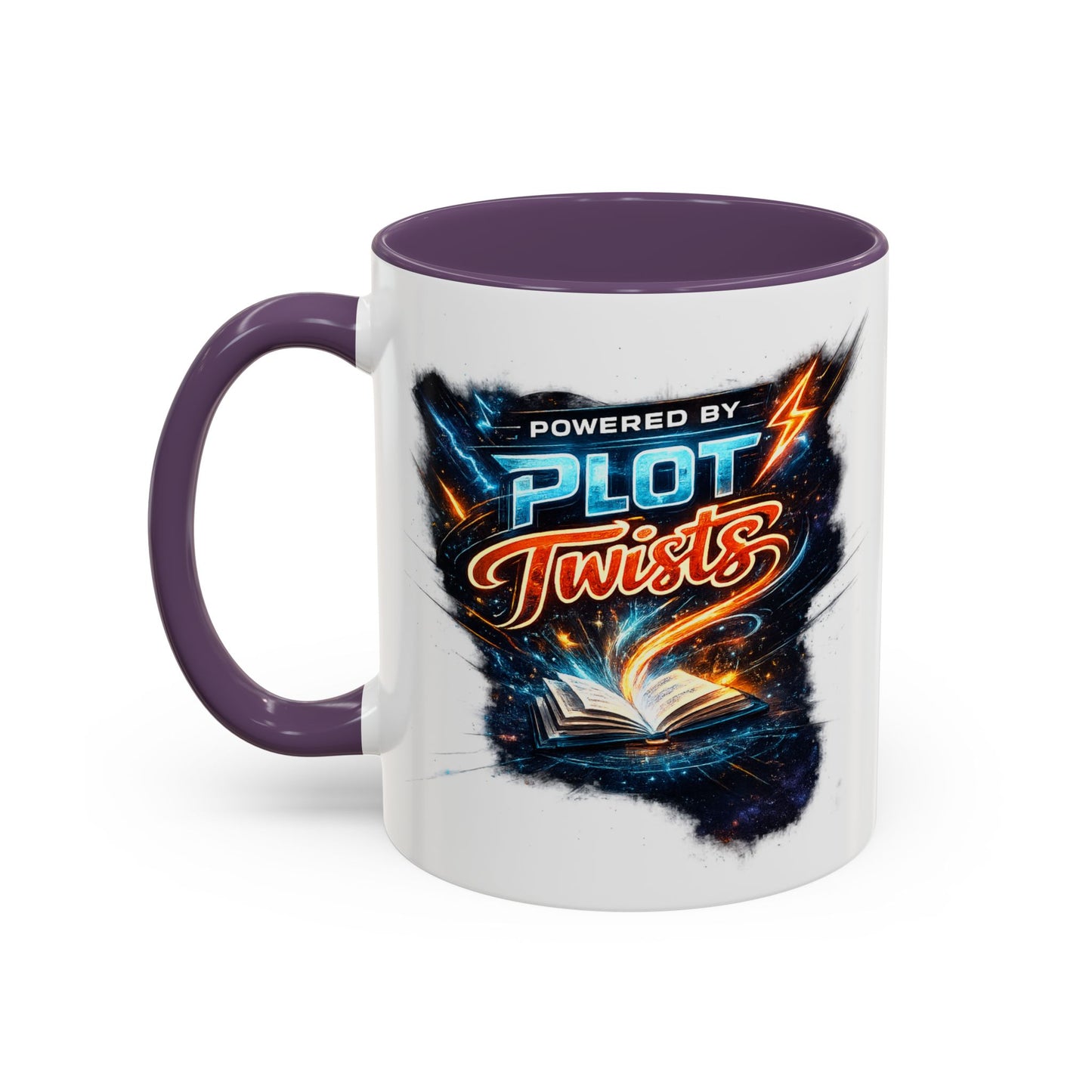 Powered by Plot Twists; Black Accent Coffee Mug with Neon Lightning Skull Design
