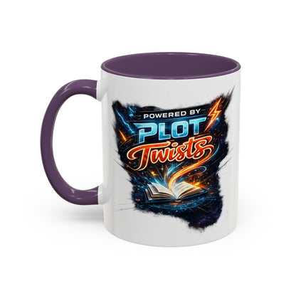 Powered by Plot Twists; Black Accent Coffee Mug with Neon Lightning Skull Design