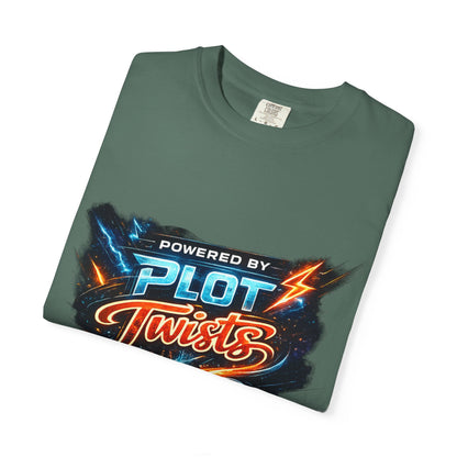 "Powered by Plot Twists" T-Shirt — Graphic Book Lover Tee