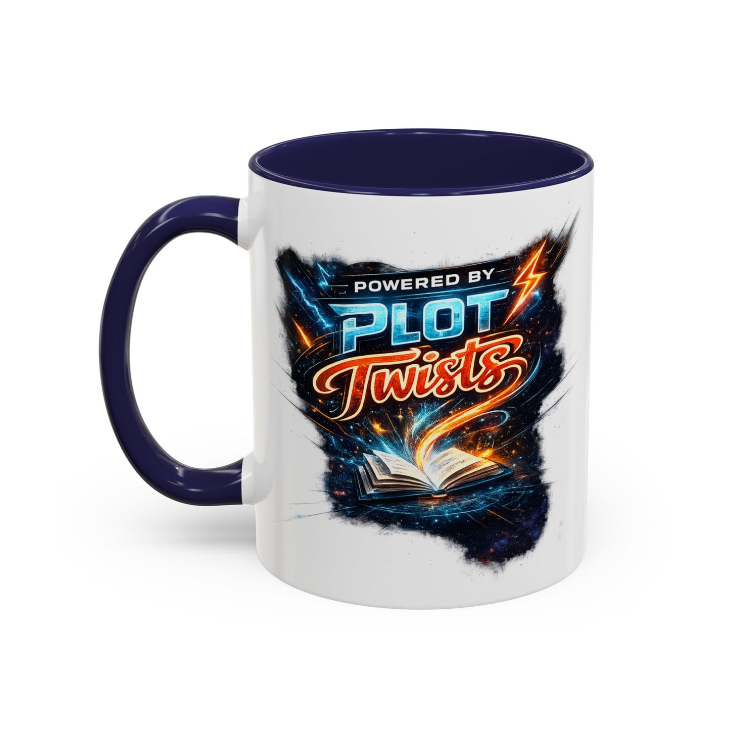 Powered by Plot Twists; Black Accent Coffee Mug with Neon Lightning Skull Design