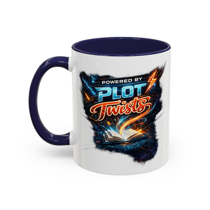 Powered by Plot Twists; Black Accent Coffee Mug with Neon Lightning Skull Design