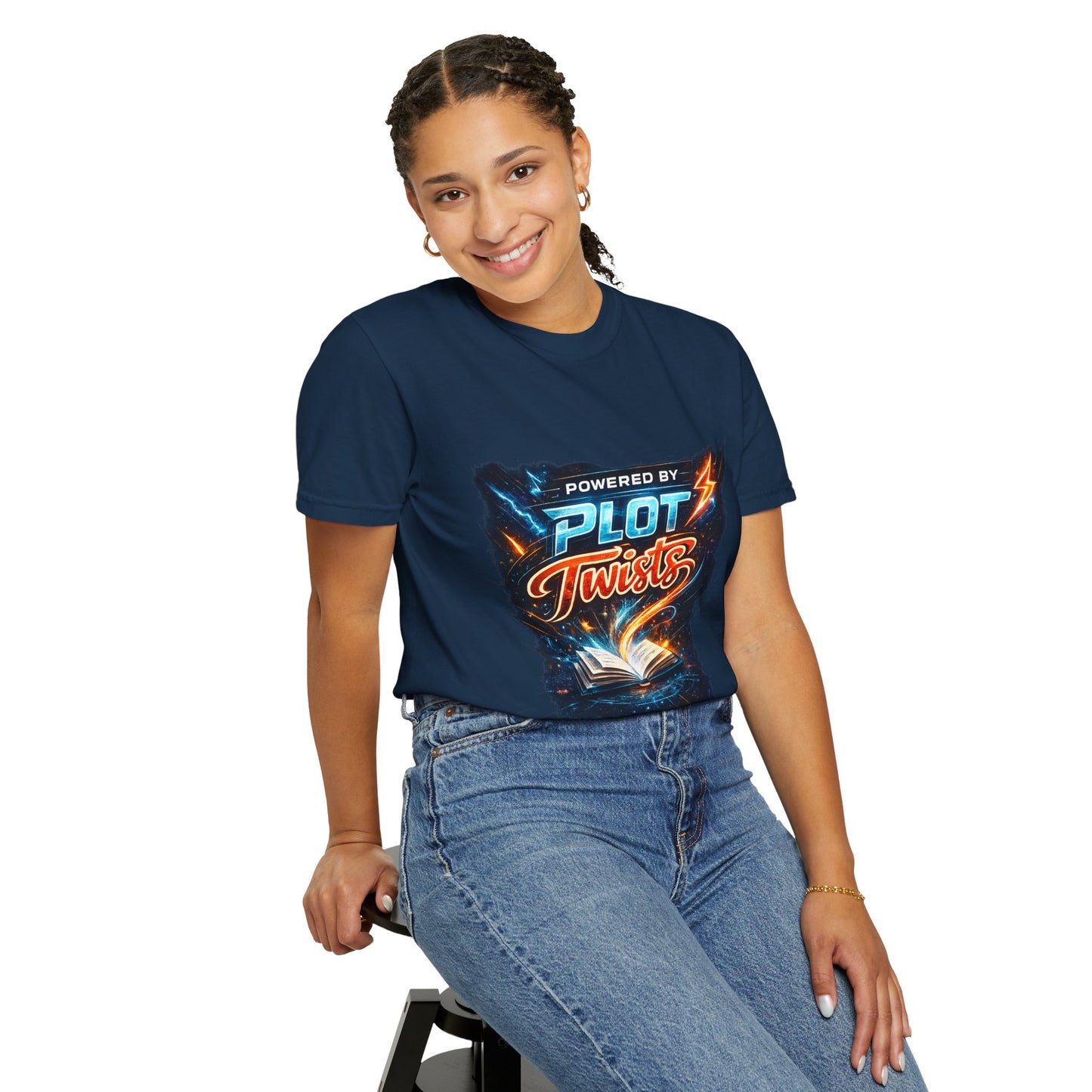 "Powered by Plot Twists" T-Shirt — Graphic Book Lover Tee