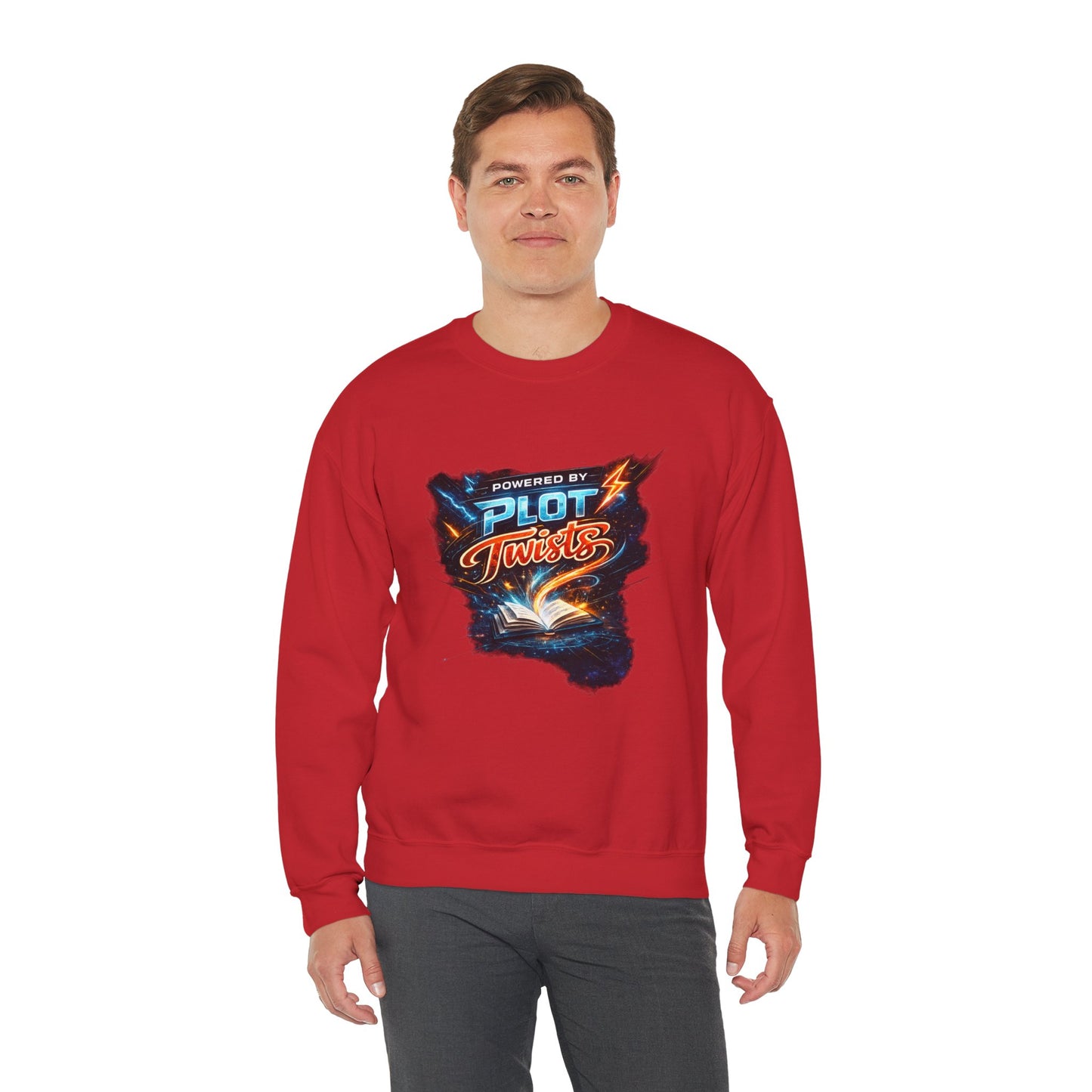 "Powered by Plot Twists" Crewneck Sweatshirt — Literary Reader & Writer Gift