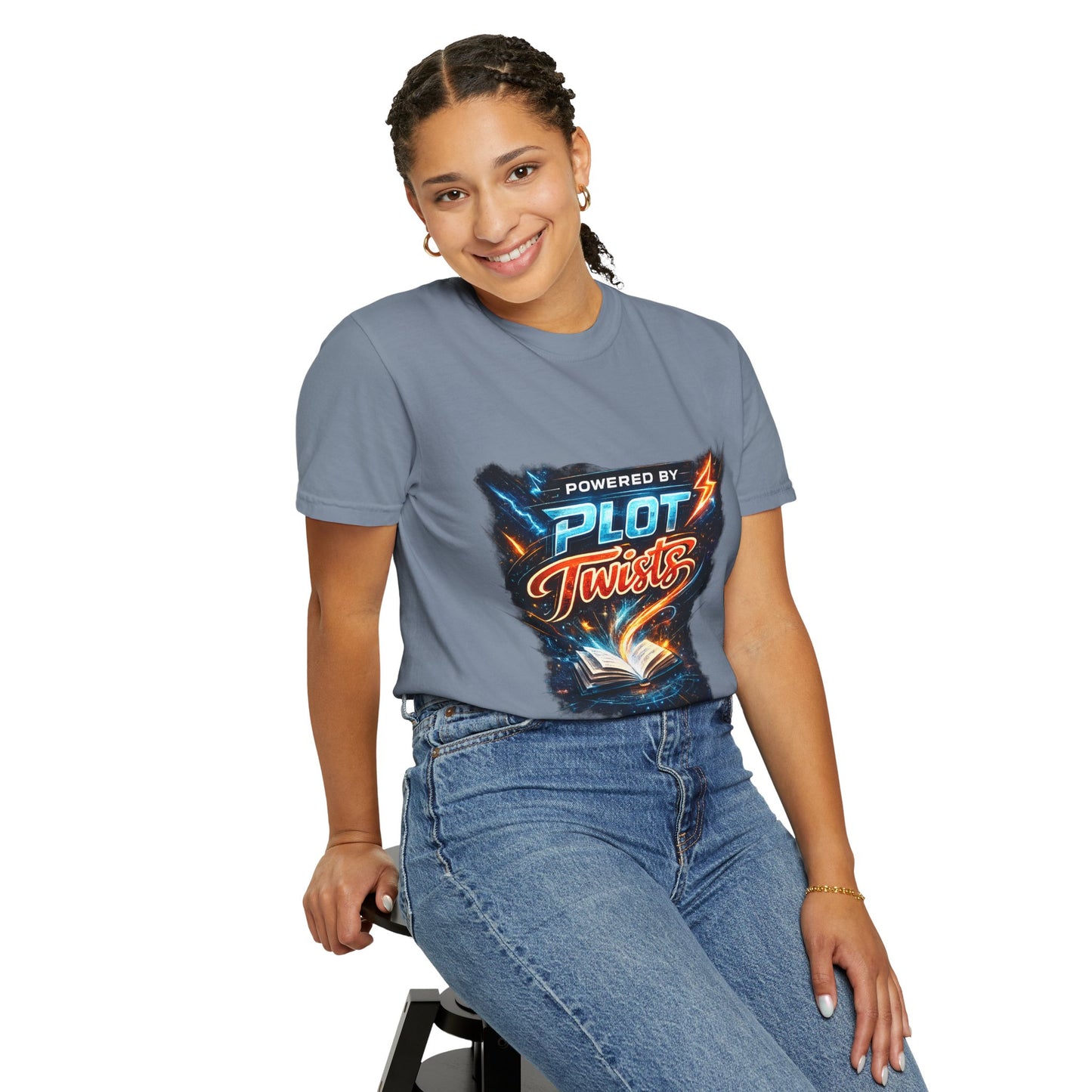 "Powered by Plot Twists" T-Shirt — Graphic Book Lover Tee