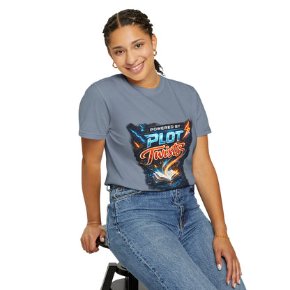 "Powered by Plot Twists" T-Shirt — Graphic Book Lover Tee