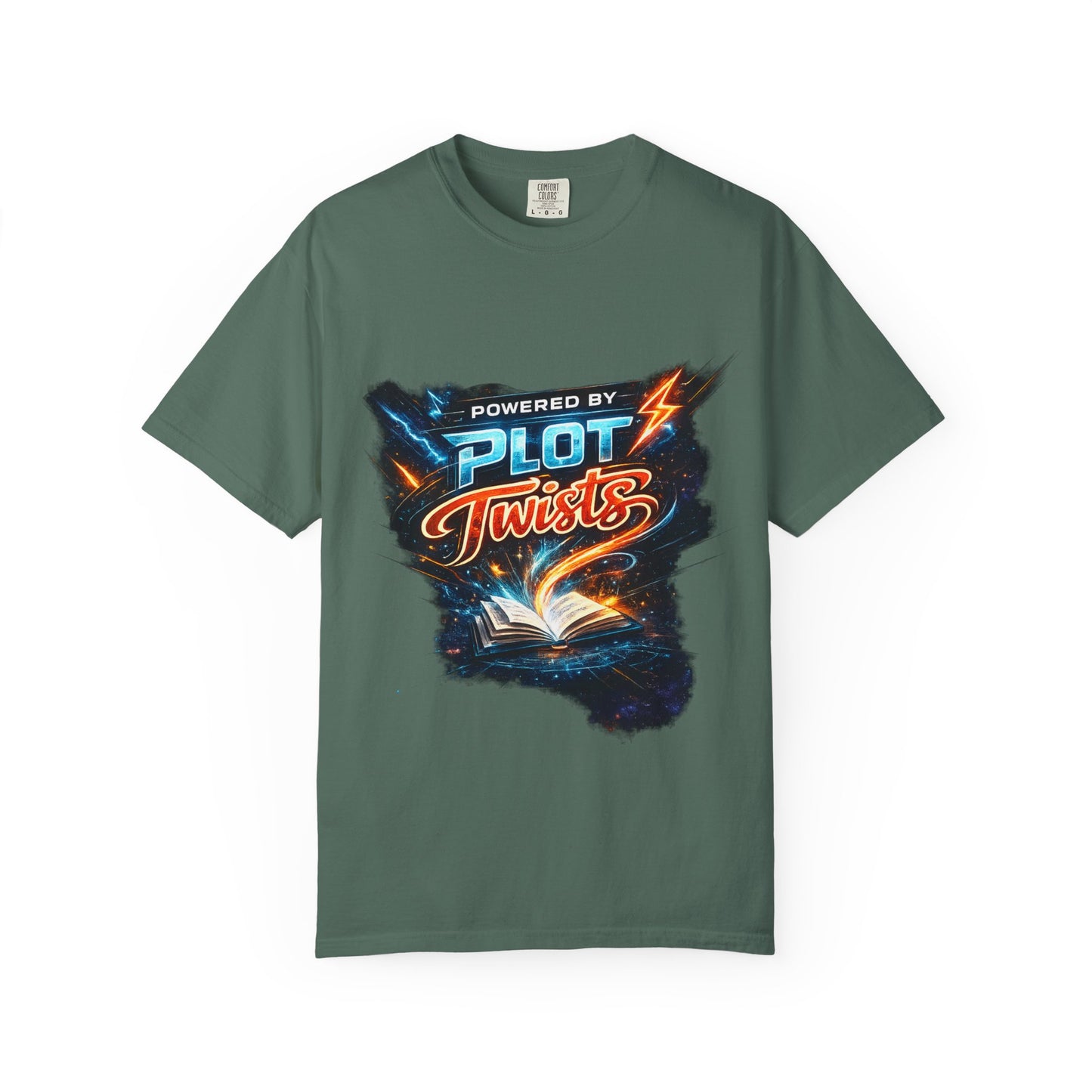 "Powered by Plot Twists" T-Shirt — Graphic Book Lover Tee