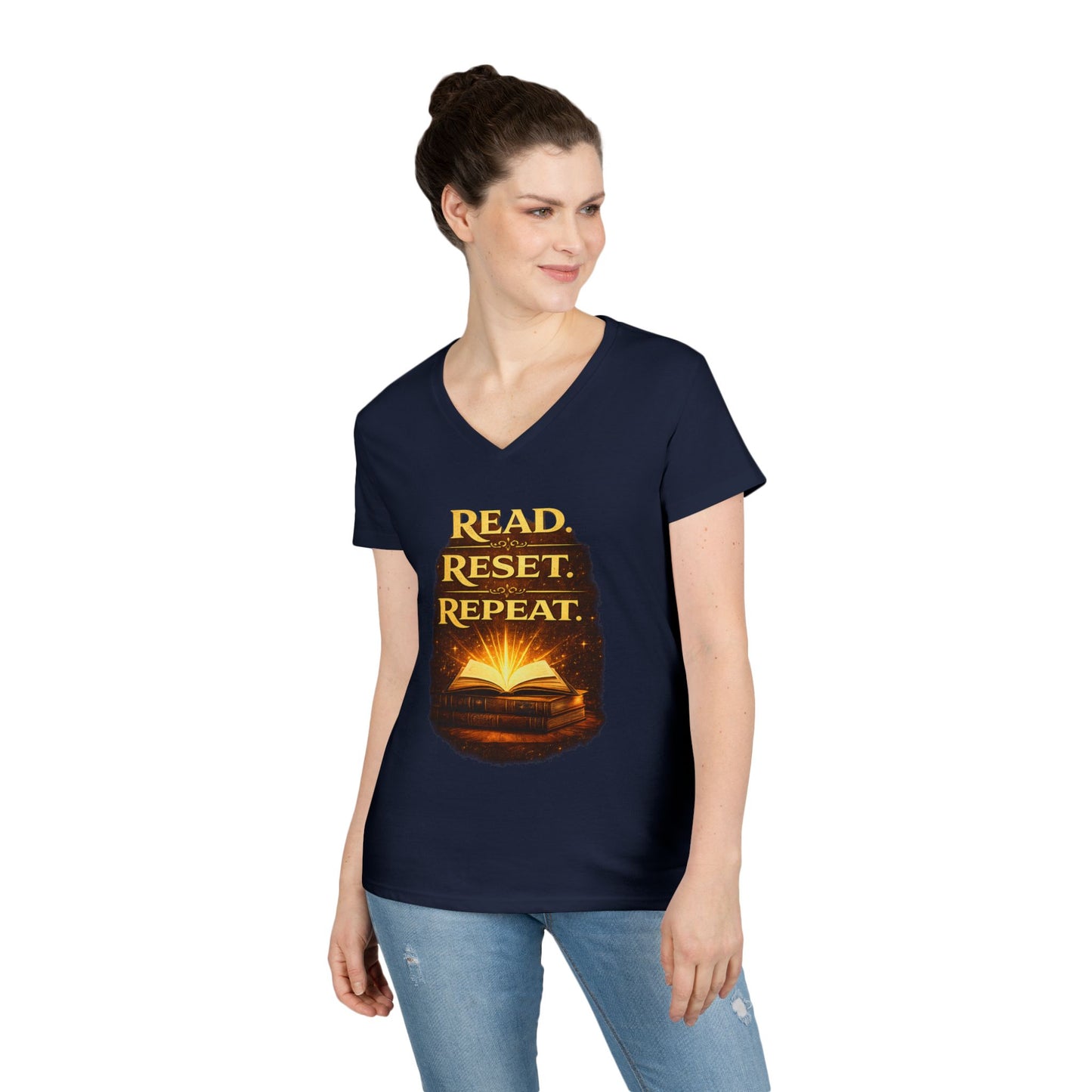 "Read Reset Repeat" V-Neck T-Shirt — Inspirational Book Lover Tee