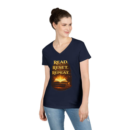"Read Reset Repeat" V-Neck T-Shirt — Inspirational Book Lover Tee