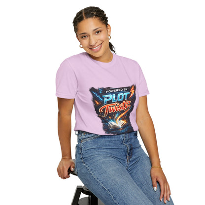 "Powered by Plot Twists" T-Shirt — Graphic Book Lover Tee