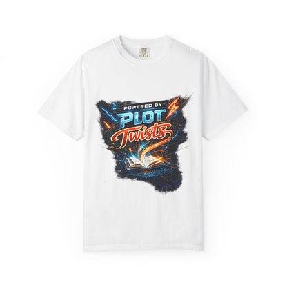 "Powered by Plot Twists" T-Shirt — Graphic Book Lover Tee