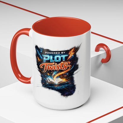 Powered by Plot Twists; Black Accent Coffee Mug with Neon Lightning Skull Design