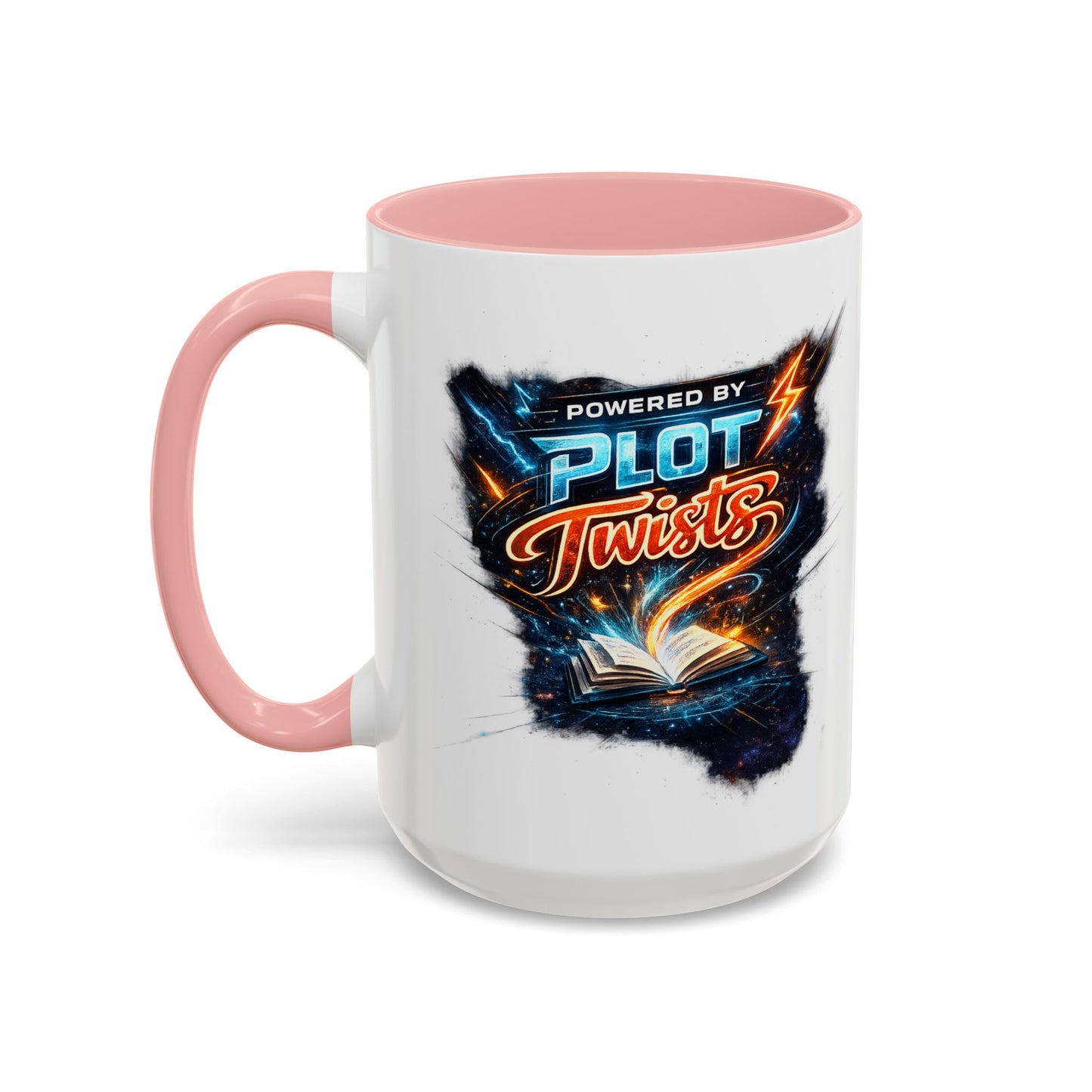 Powered by Plot Twists; Black Accent Coffee Mug with Neon Lightning Skull Design