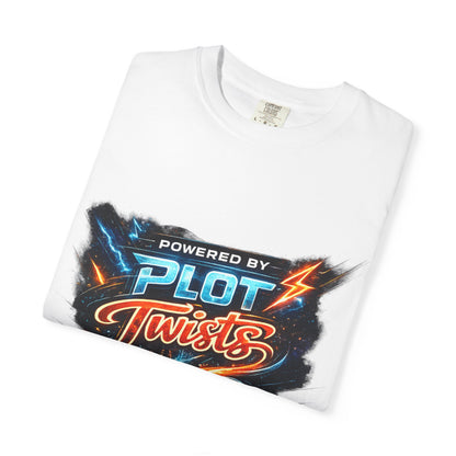 "Powered by Plot Twists" T-Shirt — Graphic Book Lover Tee