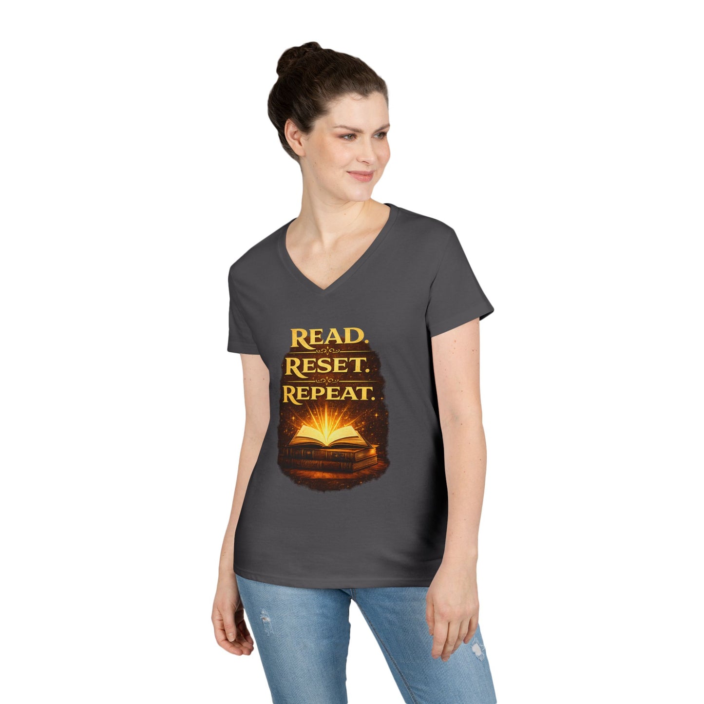 "Read Reset Repeat" V-Neck T-Shirt — Inspirational Book Lover Tee