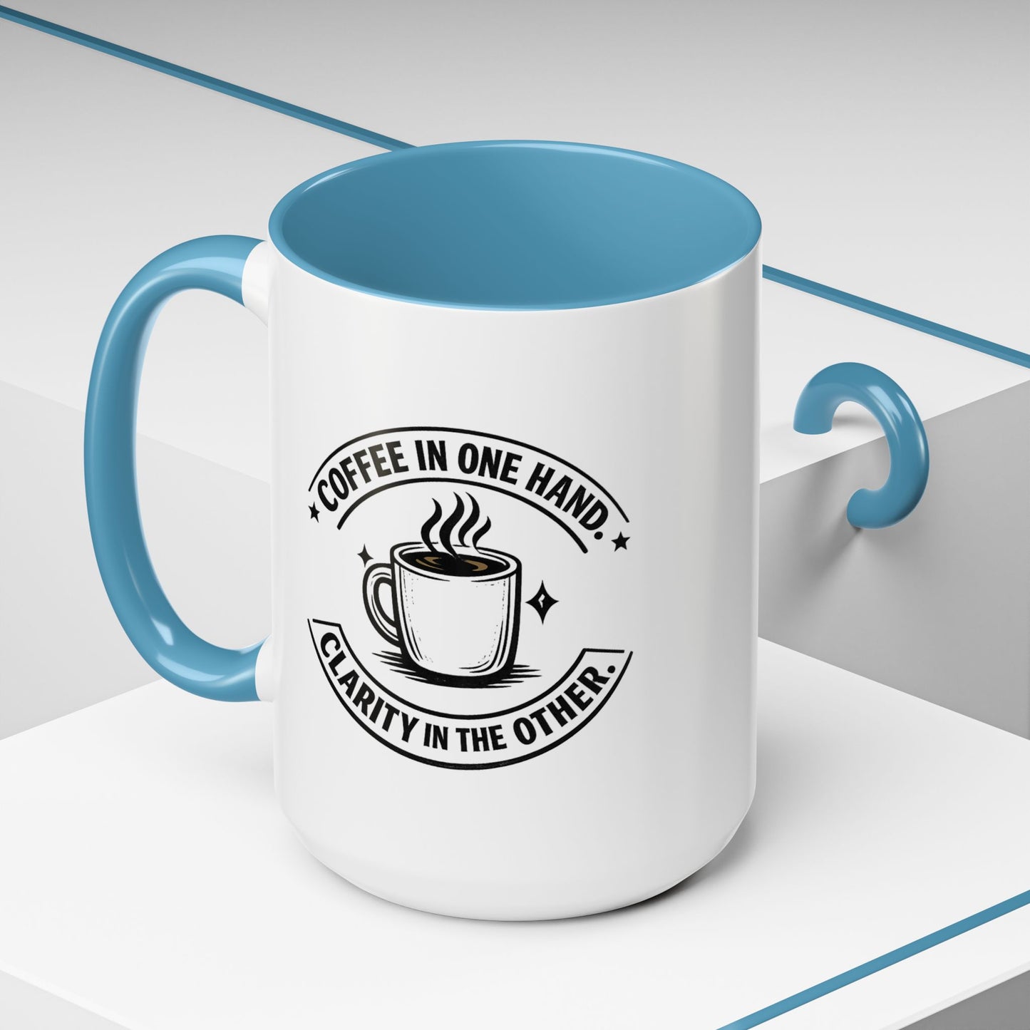 "Coffee in One Hand. Clarity in the Other" Black Accent Coffee Mug — Vintage Badge Coffee Lover Gift (11/15oz)