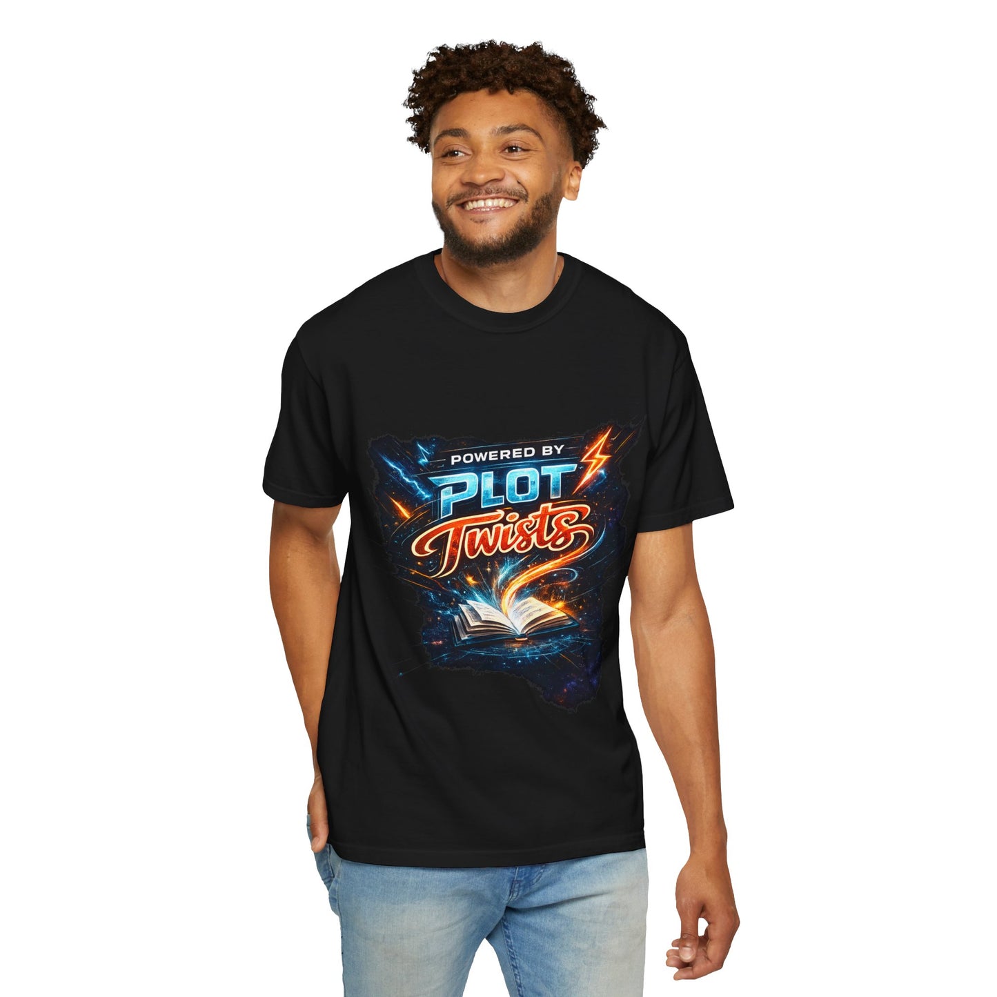 "Powered by Plot Twists" T-Shirt — Graphic Book Lover Tee