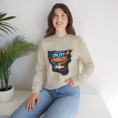"Powered by Plot Twists" Crewneck Sweatshirt — Literary Reader & Writer Gift