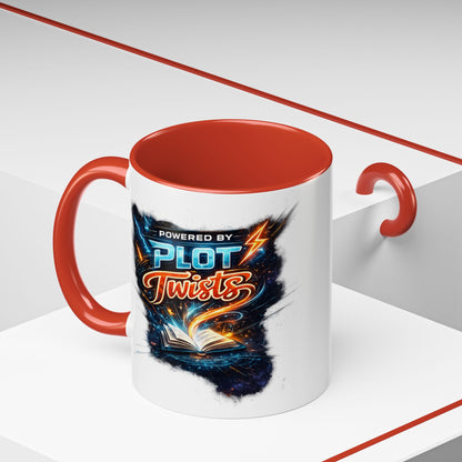 Powered by Plot Twists; Black Accent Coffee Mug with Neon Lightning Skull Design