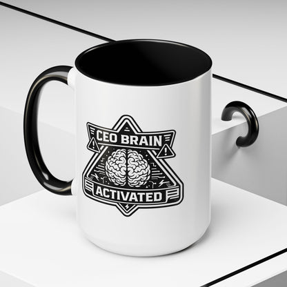 "CEO Brain Activated" Adventure Crew Coffee Mug — Retro Badge Accent 11/15oz