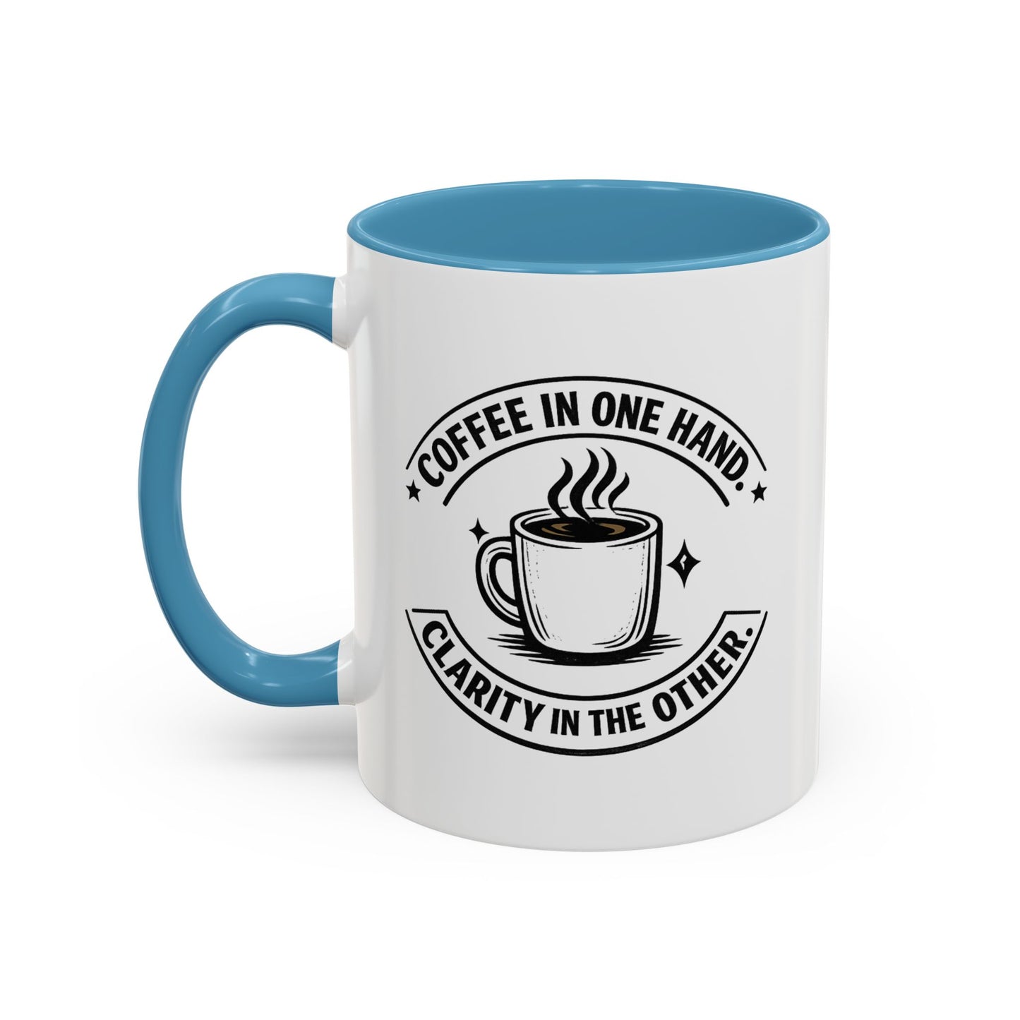 "Coffee in One Hand. Clarity in the Other" Black Accent Coffee Mug — Vintage Badge Coffee Lover Gift (11/15oz)