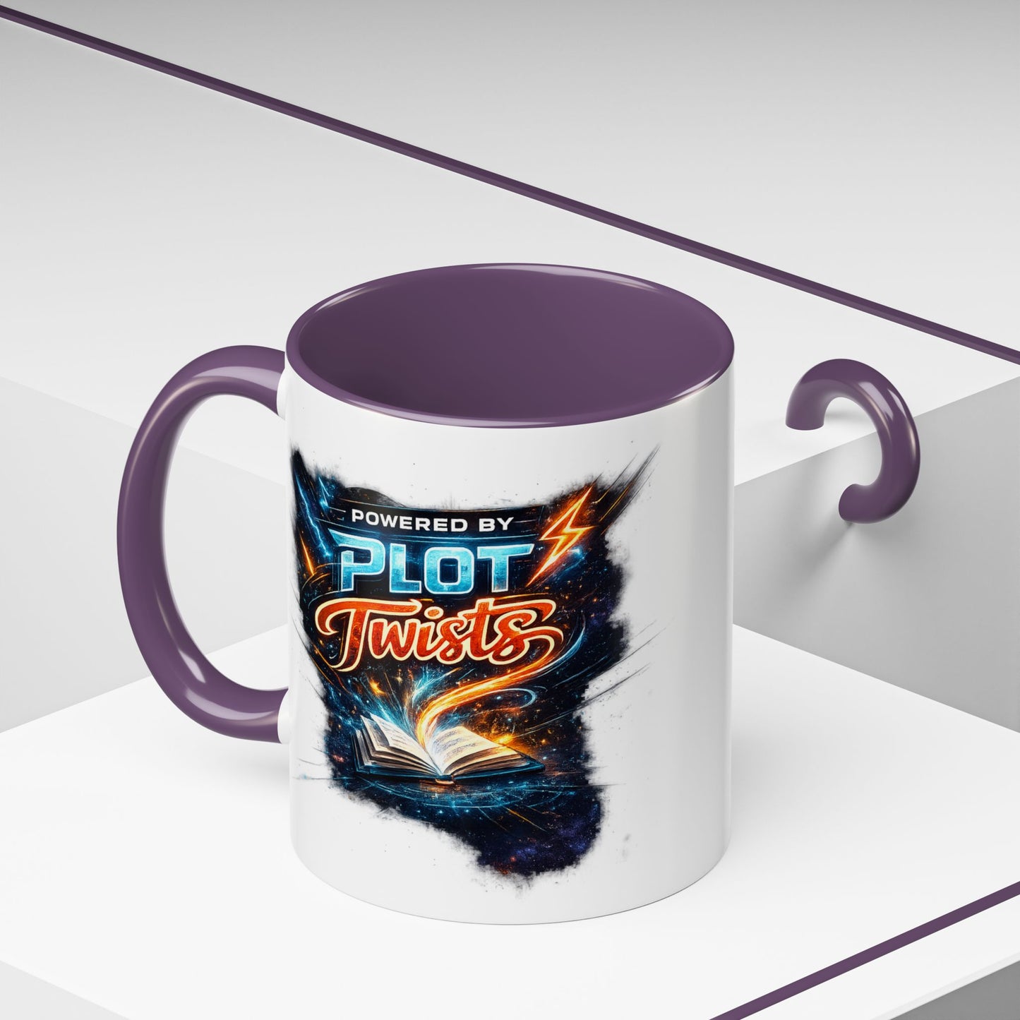 Powered by Plot Twists; Black Accent Coffee Mug with Neon Lightning Skull Design