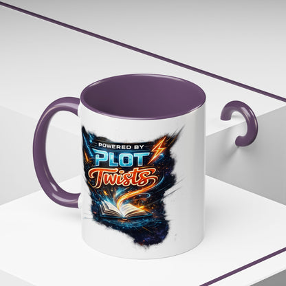 Powered by Plot Twists; Black Accent Coffee Mug with Neon Lightning Skull Design