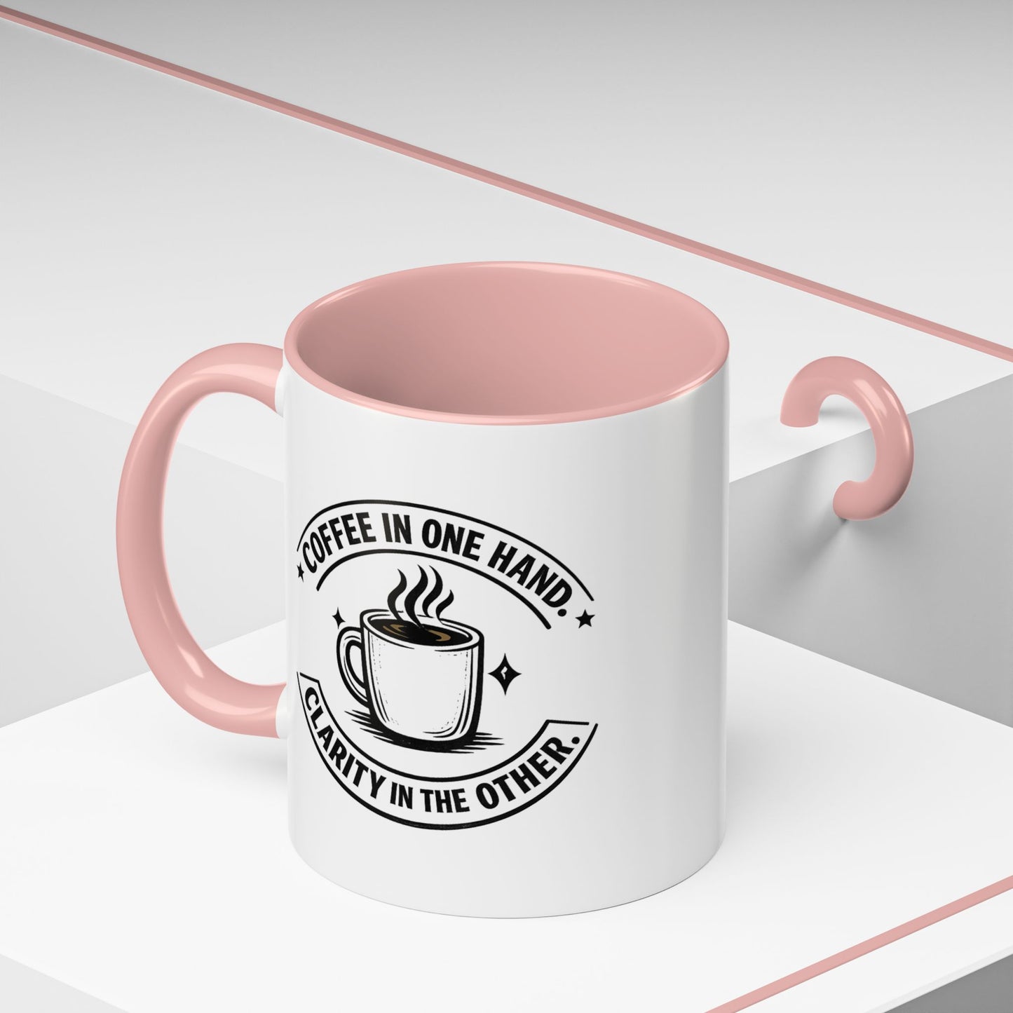 "Coffee in One Hand. Clarity in the Other" Black Accent Coffee Mug — Vintage Badge Coffee Lover Gift (11/15oz)