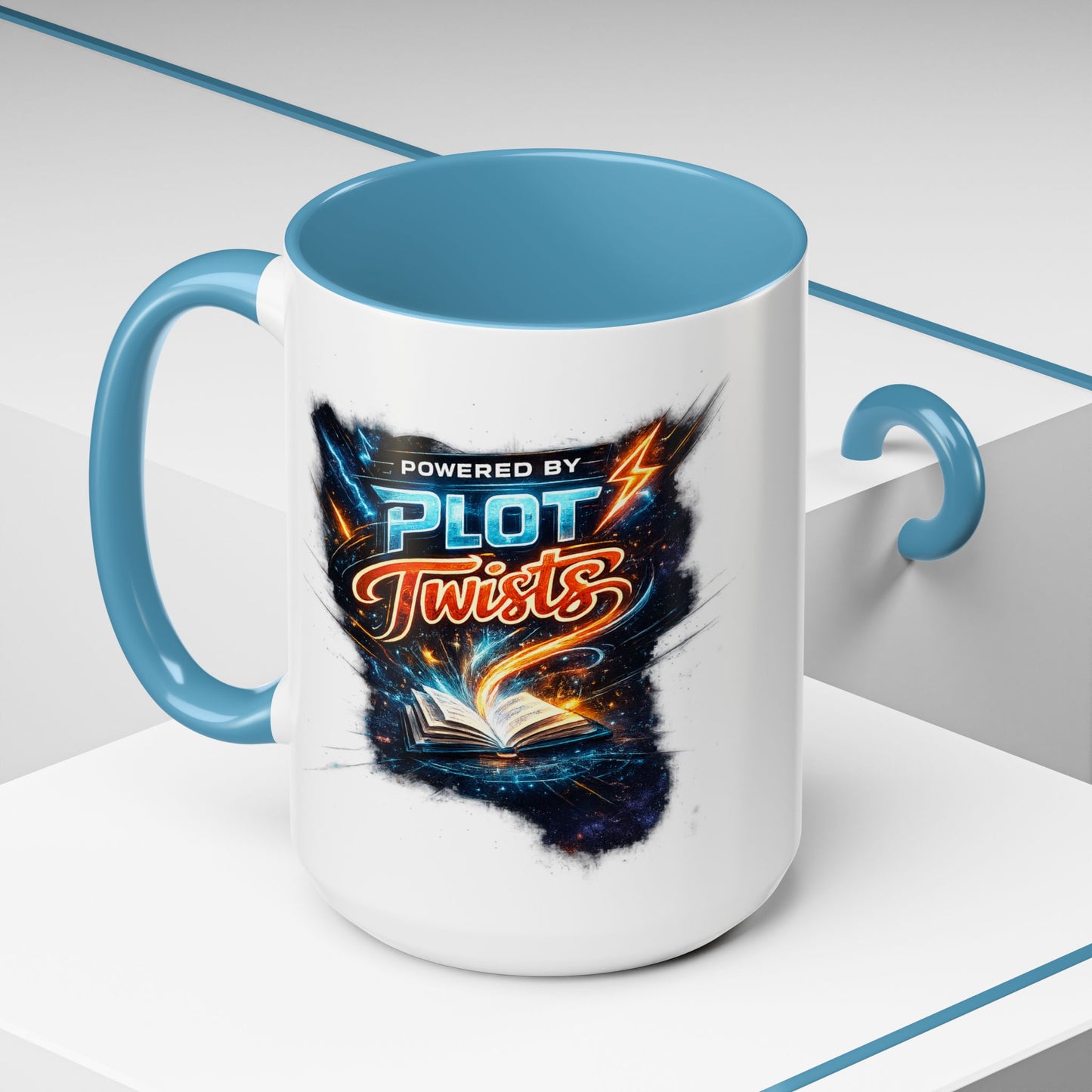 Powered by Plot Twists; Black Accent Coffee Mug with Neon Lightning Skull Design