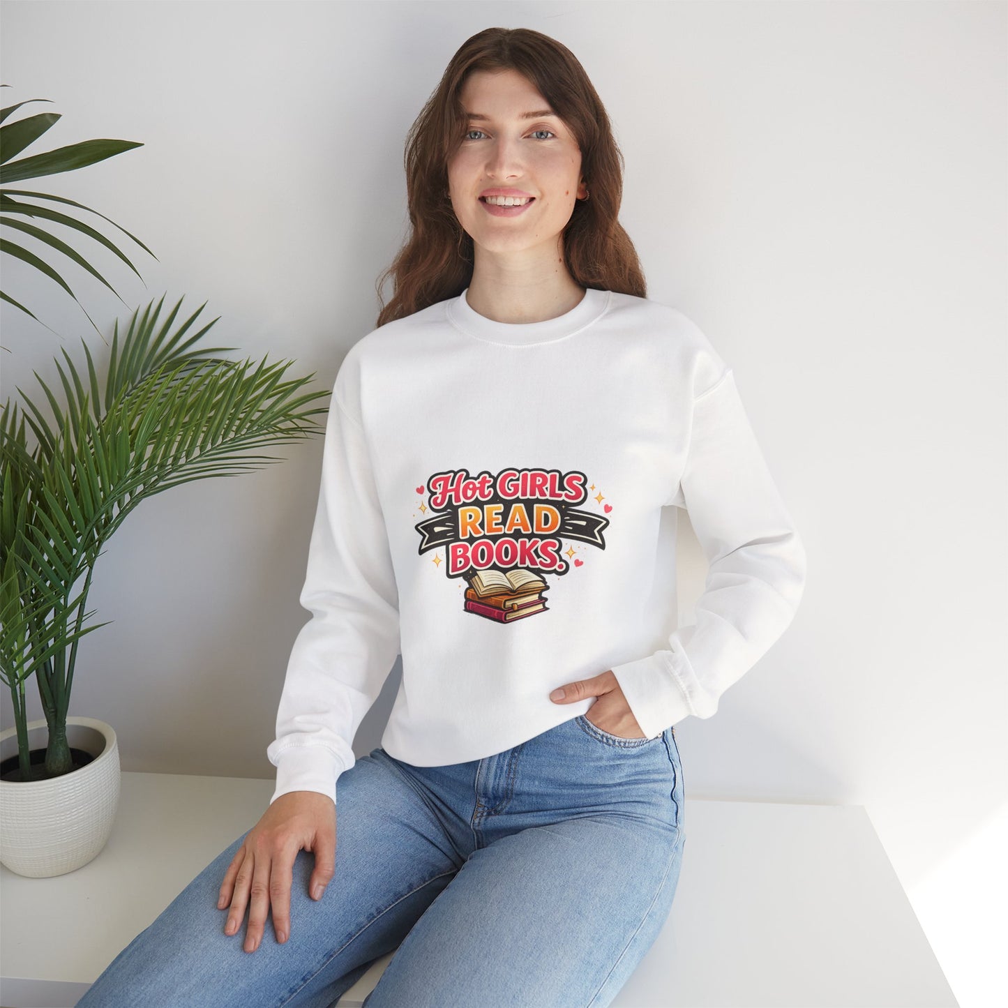 "Hot Girls Read Books" Crewneck Sweatshirt - Cozy Graphic Pullover for Book Lovers