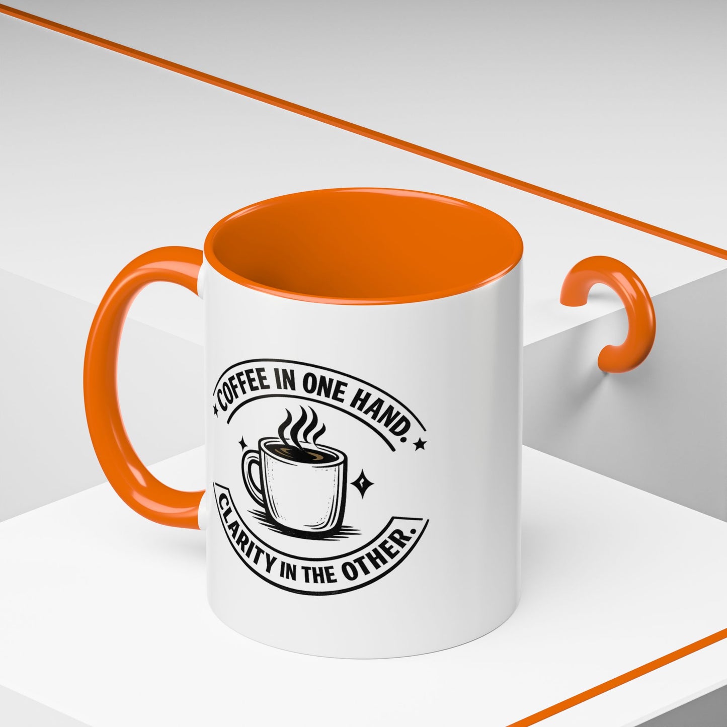 "Coffee in One Hand. Clarity in the Other" Black Accent Coffee Mug — Vintage Badge Coffee Lover Gift (11/15oz)